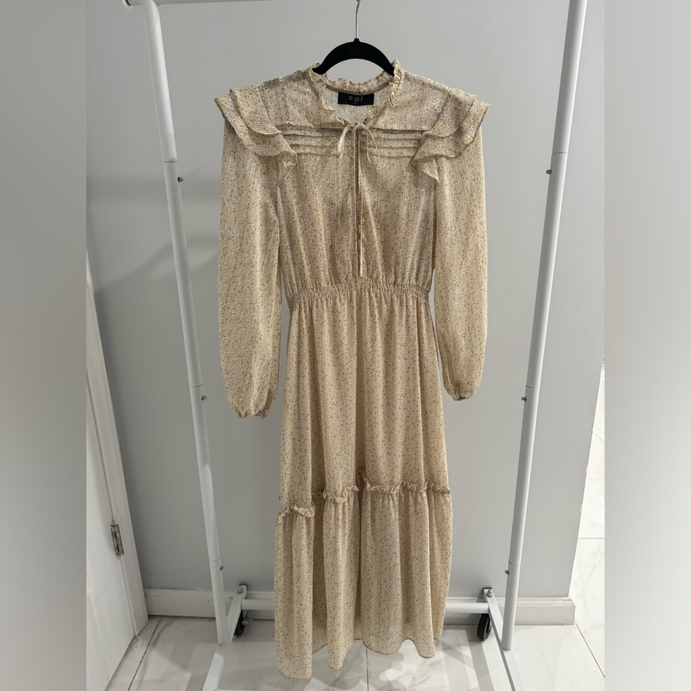 O.P.T floral tiered midi neutral chiffon beige gold prairie dress